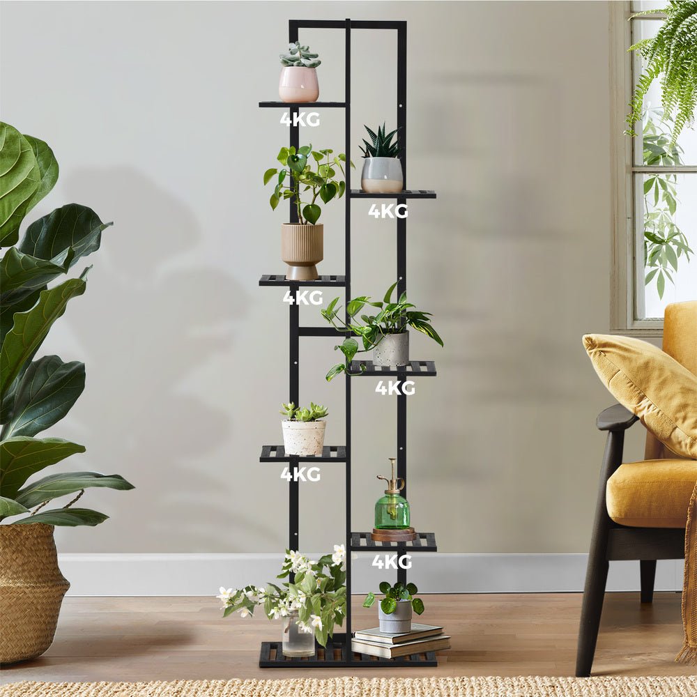 7 - Tier Bamboo Plant Stand Staggered Shelves Black - Buy Online at Bargain Bay Australia