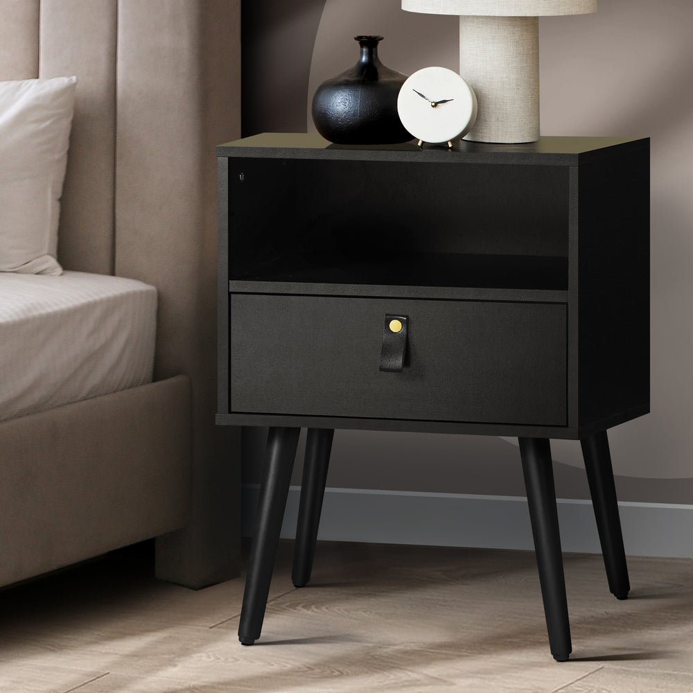 Bedside Table with Leather Handle Black - Buy Online at Bargain Bay Australia