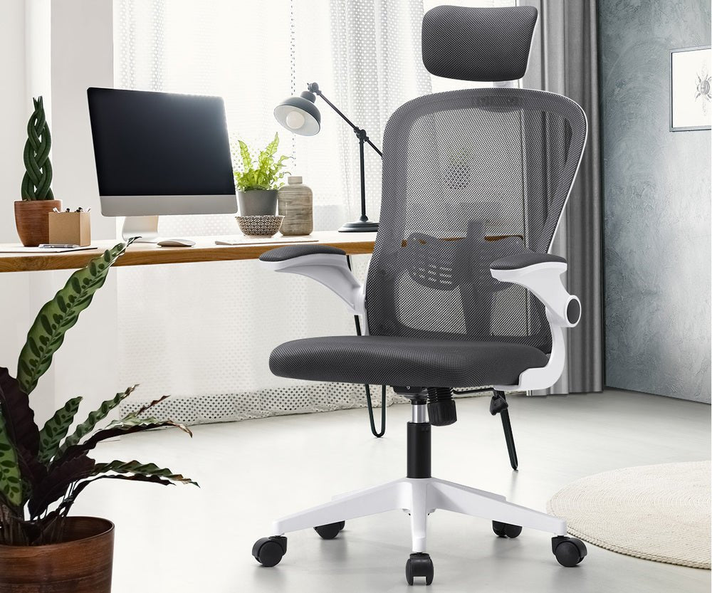 Dark Grey and White Mesh Executive Office Chair with Racing Style and Tilt Function - Buy Online at Bargain Bay Australia