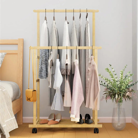 Double - Rail Bamboo Clothes Rack High Low Hanging Rod Organizer - Buy Online at Bargain Bay Australia