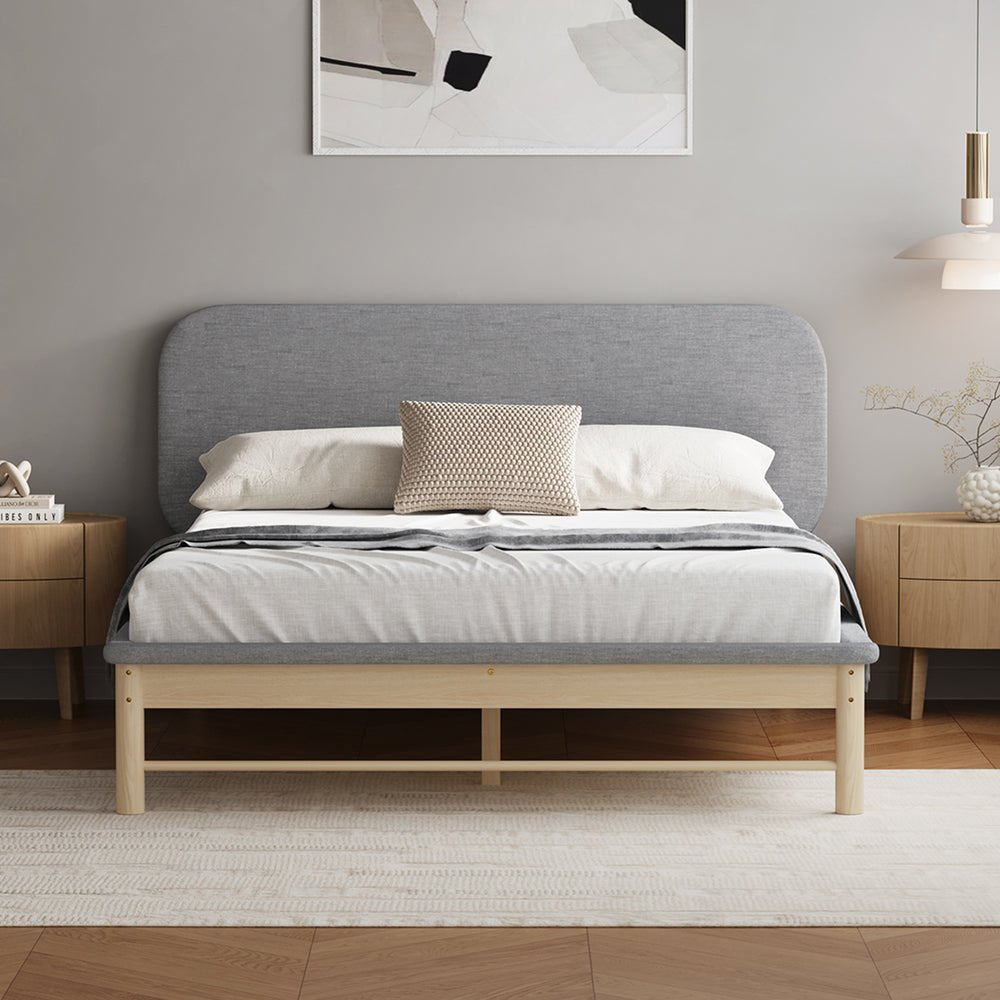 Double Size Wooden Bed Frame with Padded Fabric Edges and Headboard - Buy Online at Bargain Bay Australia