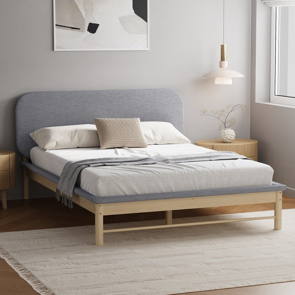 Double Size Wooden Bed Frame with Padded Fabric Edges and Headboard - Buy Online at Bargain Bay Australia