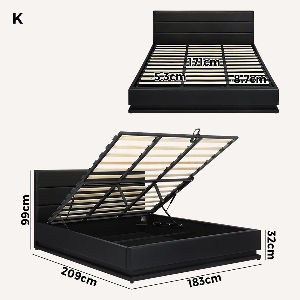 King Bed Frame with Gas Lift RGB Storage Space Black - Buy Online at Bargain Bay Australia