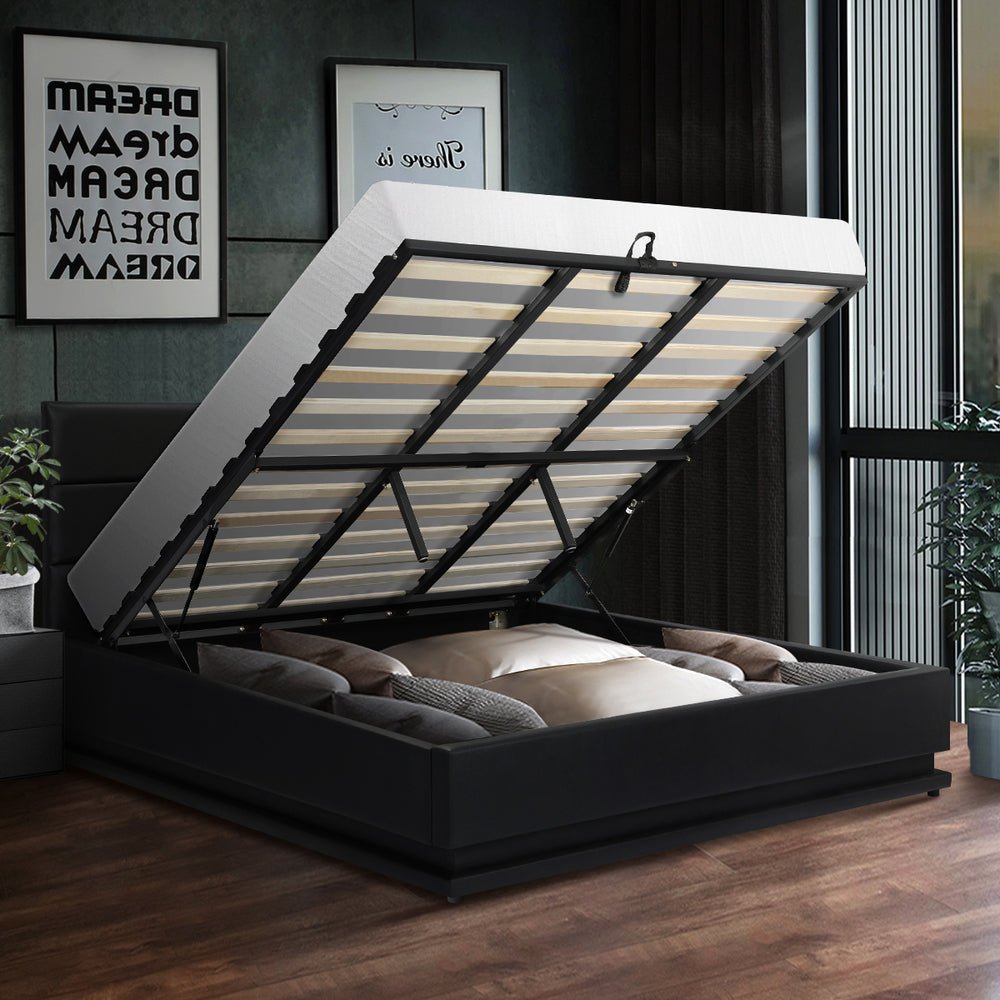King Bed Frame with Gas Lift RGB Storage Space Black - Buy Online at Bargain Bay Australia