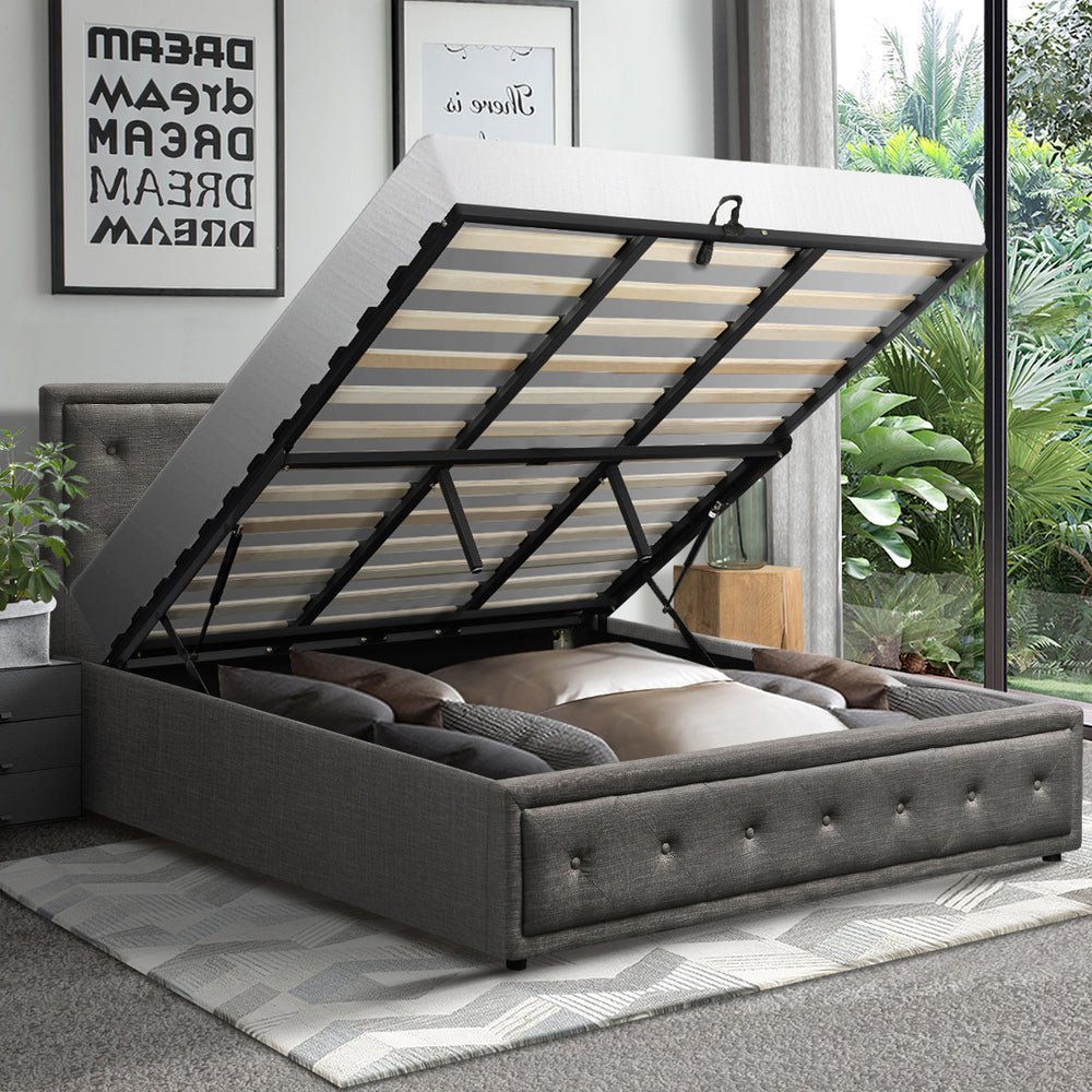 King Bed Frame with Gas Lift Storage Base Grey - Buy Online at Bargain Bay Australia