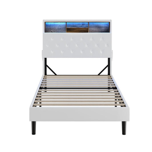 King Single Size White Bed Frame with LED Storage Bedhead - Buy Online at Bargain Bay Australia