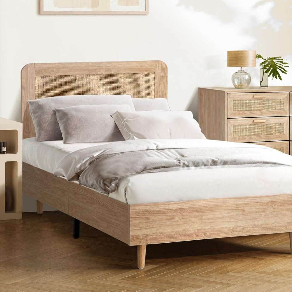 King Single Wooden Bed Frame with Rattan Headboard - Buy Online at Bargain Bay Australia
