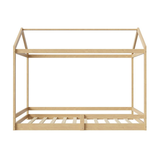 Natural Wooden Double Size Kids House Bed Frame with Fence - Buy Online at Bargain Bay Australia