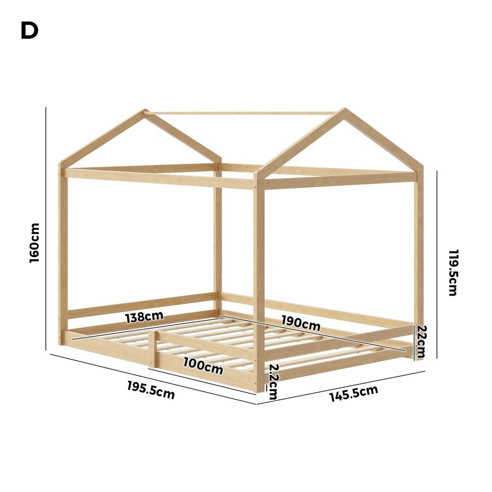 Natural Wooden Double Size Kids House Bed Frame with Fence - Buy Online at Bargain Bay Australia