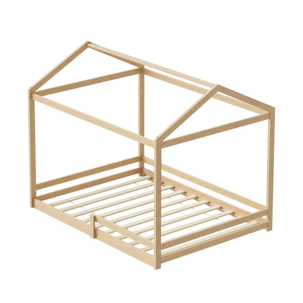 Natural Wooden Double Size Kids House Bed Frame with Fence - Buy Online at Bargain Bay Australia
