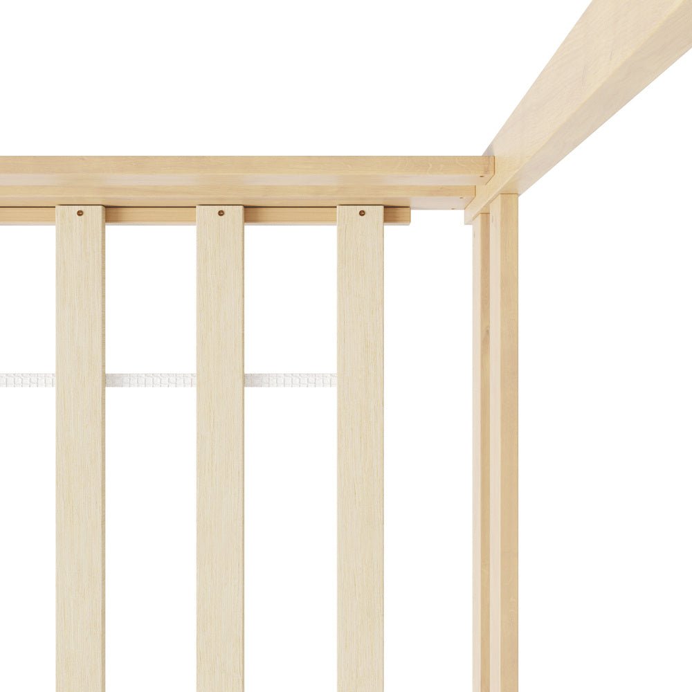 Natural Wooden Double Size Kids House Bed Frame with Fence - Buy Online at Bargain Bay Australia