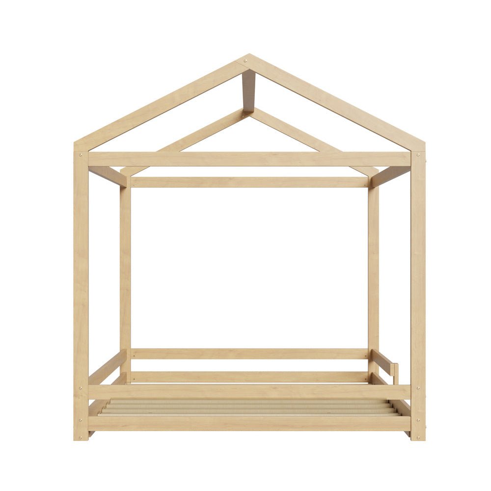 Natural Wooden Double Size Kids House Bed Frame with Fence - Buy Online at Bargain Bay Australia