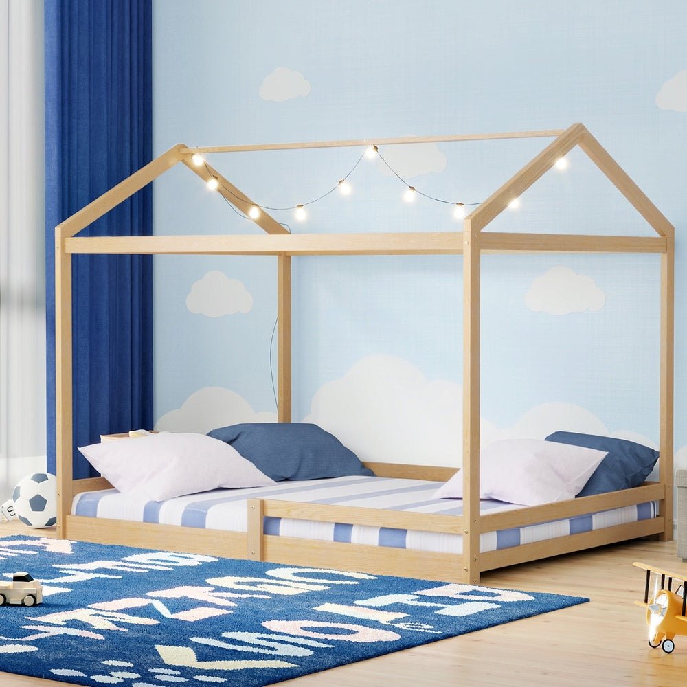 Natural Wooden Double Size Kids House Bed Frame with Fence - Buy Online at Bargain Bay Australia