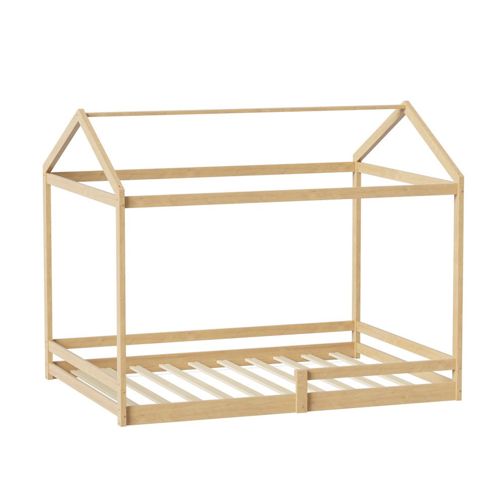 Natural Wooden Double Size Kids House Bed Frame with Fence - Buy Online at Bargain Bay Australia