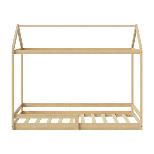 Natural Wooden Single Size Kids House Bed Frame with Fence - Buy Online at Bargain Bay Australia