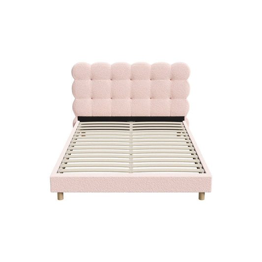 Pink Boucle Fabric Double Size Bed Frame with Tufted Bedhead - Buy Online at Bargain Bay Australia