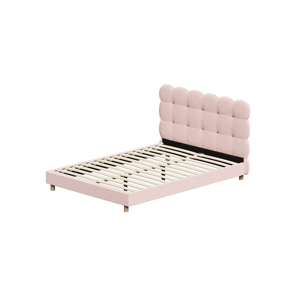 Pink Boucle Fabric Double Size Bed Frame with Tufted Bedhead - Buy Online at Bargain Bay Australia