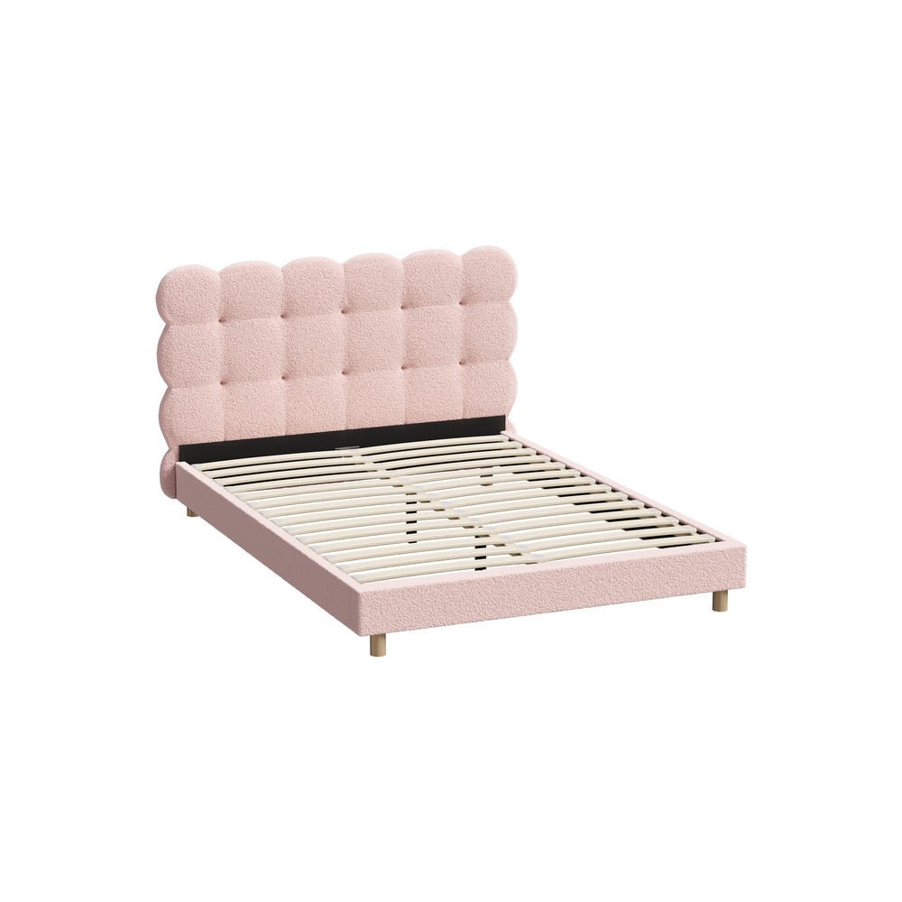 Pink Boucle Fabric Double Size Bed Frame with Tufted Bedhead - Buy Online at Bargain Bay Australia