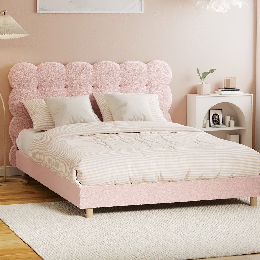 Pink Boucle Fabric Double Size Bed Frame with Tufted Bedhead - Buy Online at Bargain Bay Australia