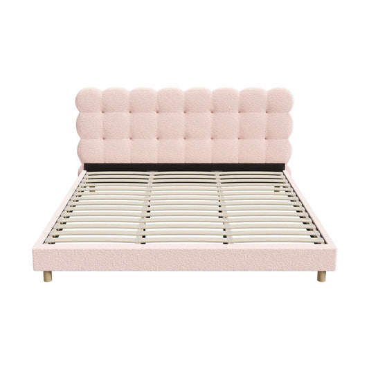 Pink Boucle Fabric King Size Bed Frame with Tufted Bedhead - Buy Online at Bargain Bay Australia