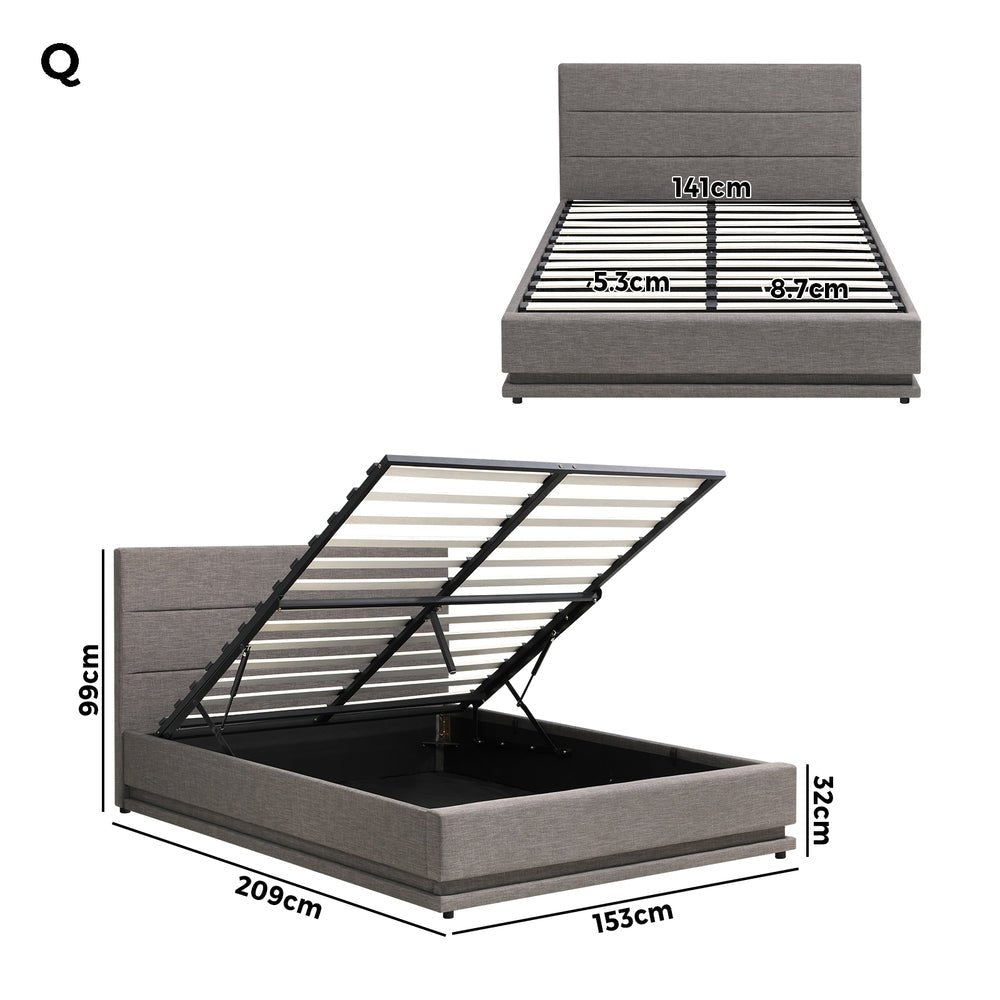 Queen Bed Frame with Gas Lift LED Storage Space Grey - Buy Online at Bargain Bay Australia