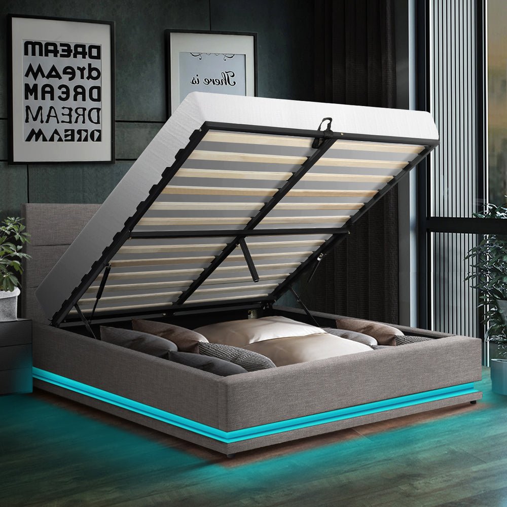 Queen Bed Frame with Gas Lift LED Storage Space Grey - Buy Online at Bargain Bay Australia