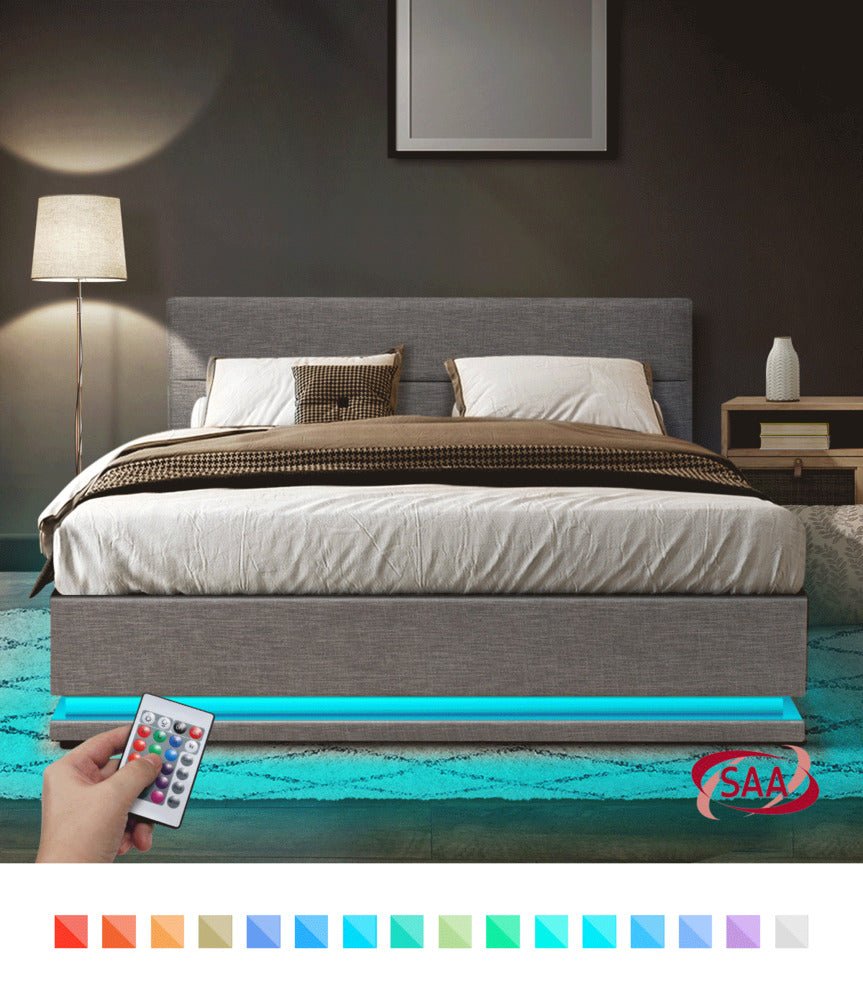 Queen Bed Frame with Gas Lift LED Storage Space Grey - Buy Online at Bargain Bay Australia