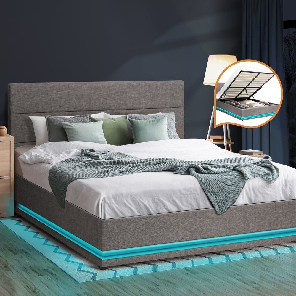 Queen Bed Frame with Gas Lift LED Storage Space Grey - Buy Online at Bargain Bay Australia
