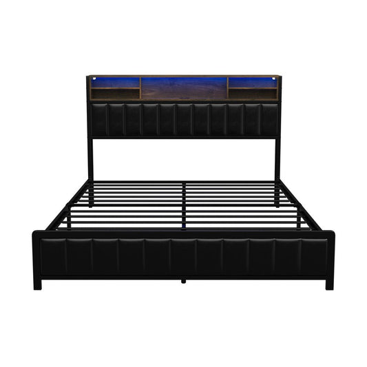 Queen Size Black Leather Bed Frame with LED Storage Bedhead - Buy Online at Bargain Bay Australia