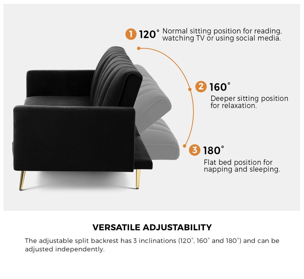 Velvet 3 - Seater Sofa Bed Black - Buy Online at Bargain Bay Australia
