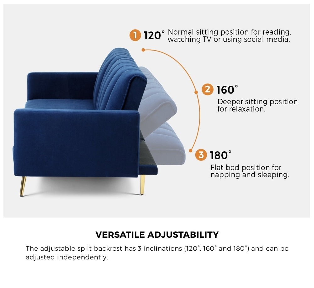 Velvet 3 - Seater Sofa Bed Blue - Buy Online at Bargain Bay Australia
