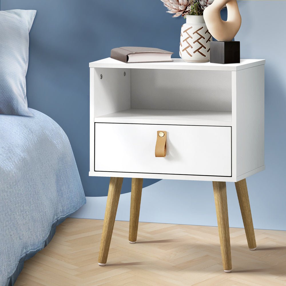 White Bedside Tables with Leather Handles - Buy Online at Bargain Bay Australia