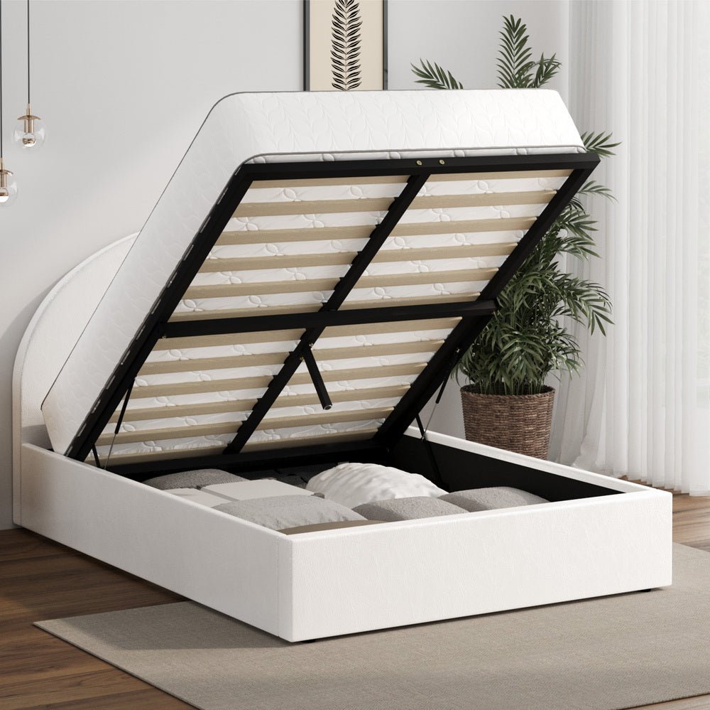 White PU Leather Queen Size Bed Frame with Gas Lift Base - Buy Online at Bargain Bay Australia