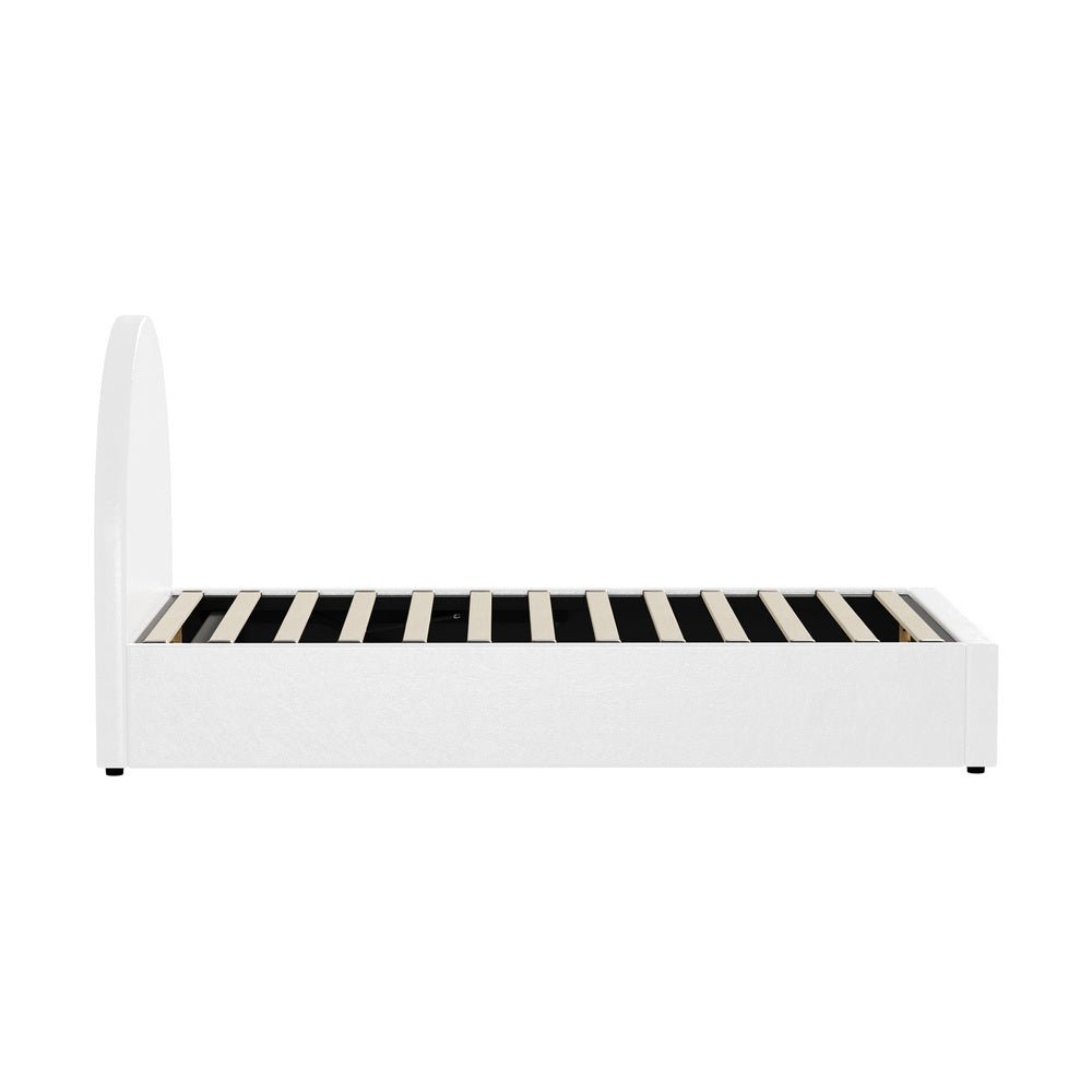 White PU Leather Single Size Bed Frame with Gas Lift Base - Buy Online at Bargain Bay Australia