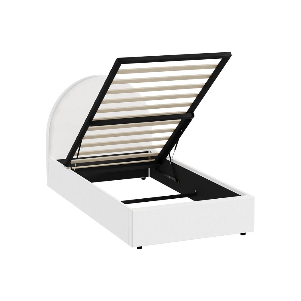 White PU Leather Single Size Bed Frame with Gas Lift Base - Buy Online at Bargain Bay Australia