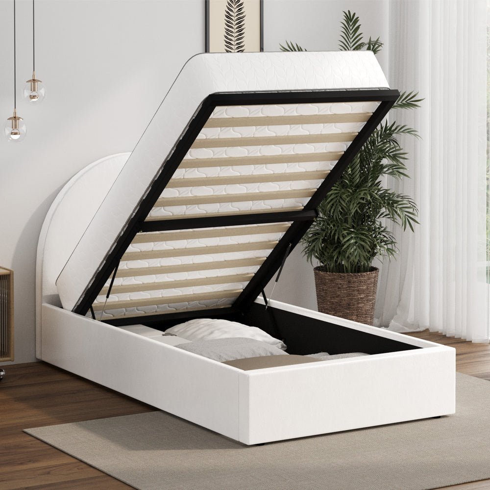 White PU Leather Single Size Bed Frame with Gas Lift Base - Buy Online at Bargain Bay Australia