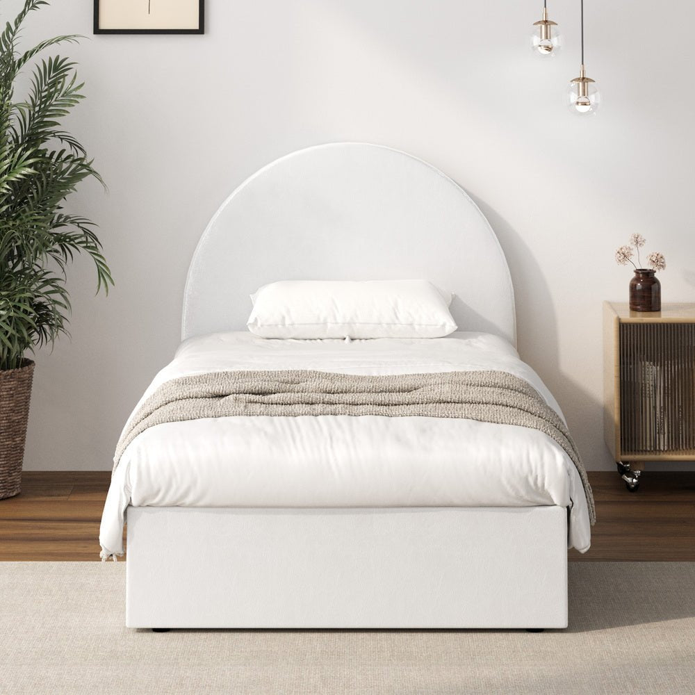 White PU Leather Single Size Bed Frame with Gas Lift Base - Buy Online at Bargain Bay Australia