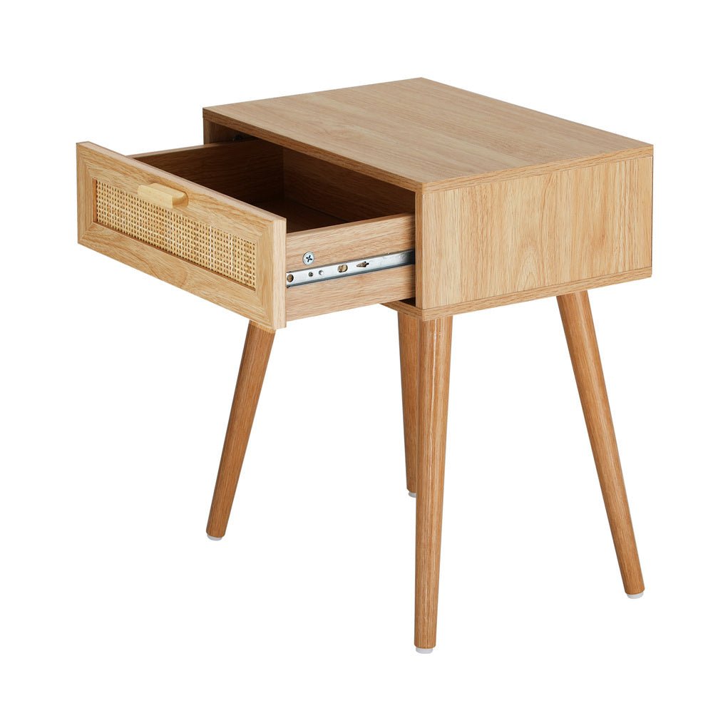 Wooden Bedside Table with Rattan Detail - Buy Online at Bargain Bay Australia