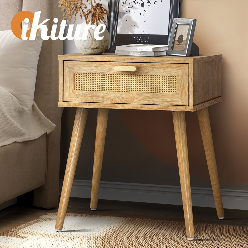 Wooden Bedside Table with Rattan Detail - Buy Online at Bargain Bay Australia