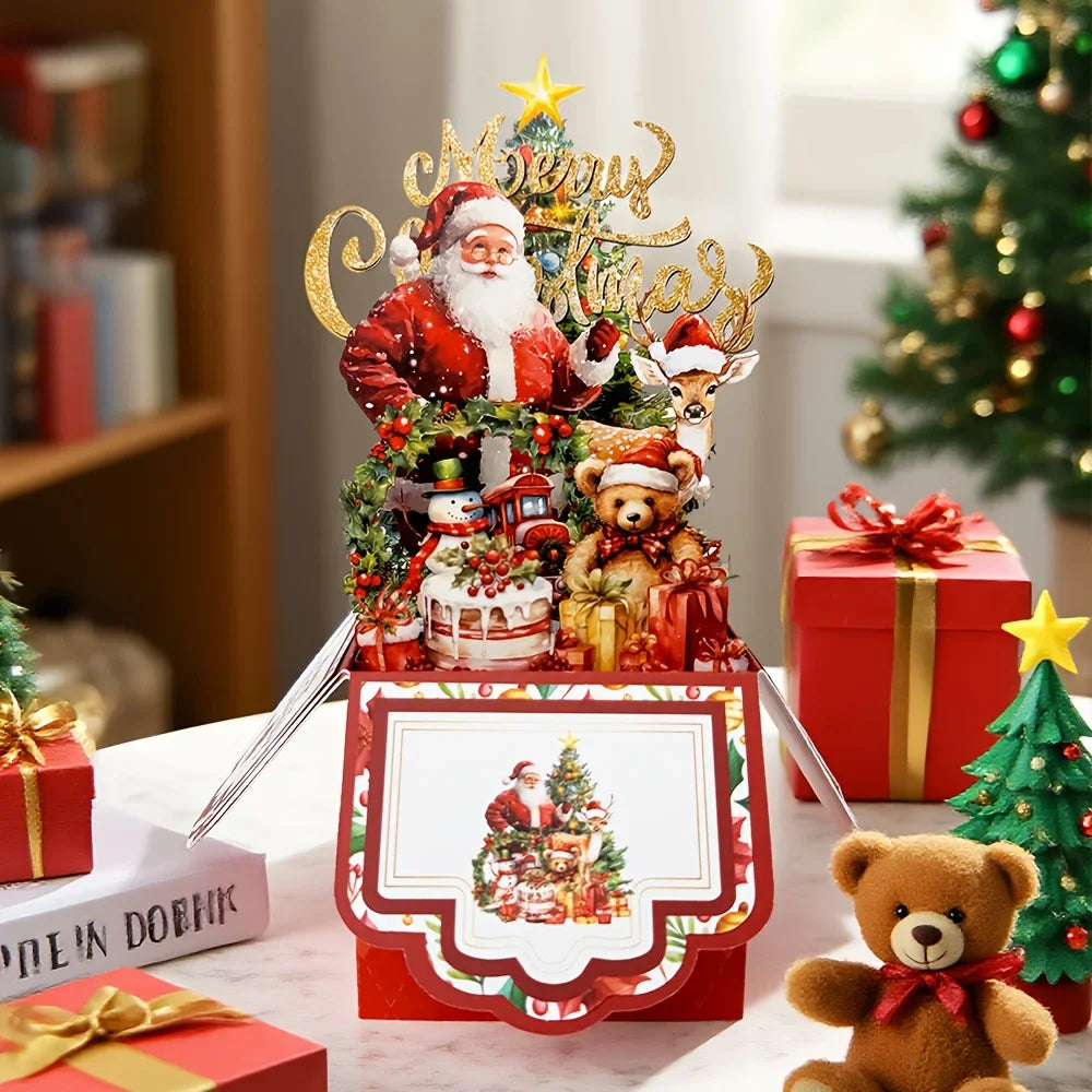 3D Christmas Pop-Up Card – Santa Claus & Reindeer Greeting Card