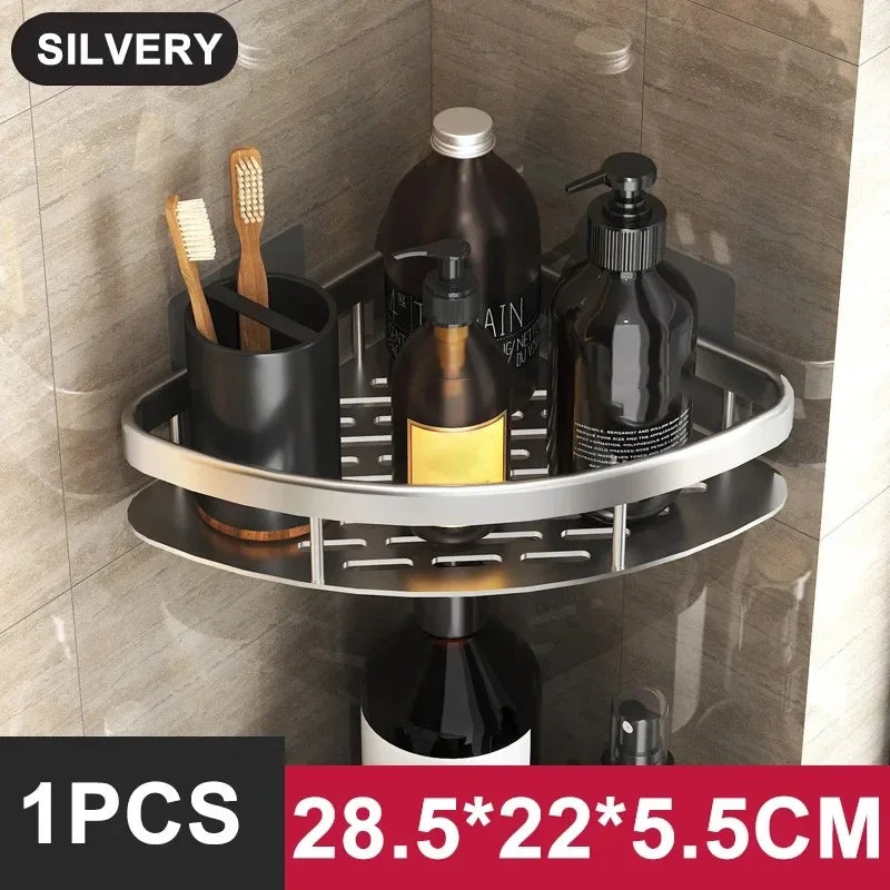 Aluminum Alloy Bathroom & Kitchen Shelf – No-Drill Shampoo & Storage Rack