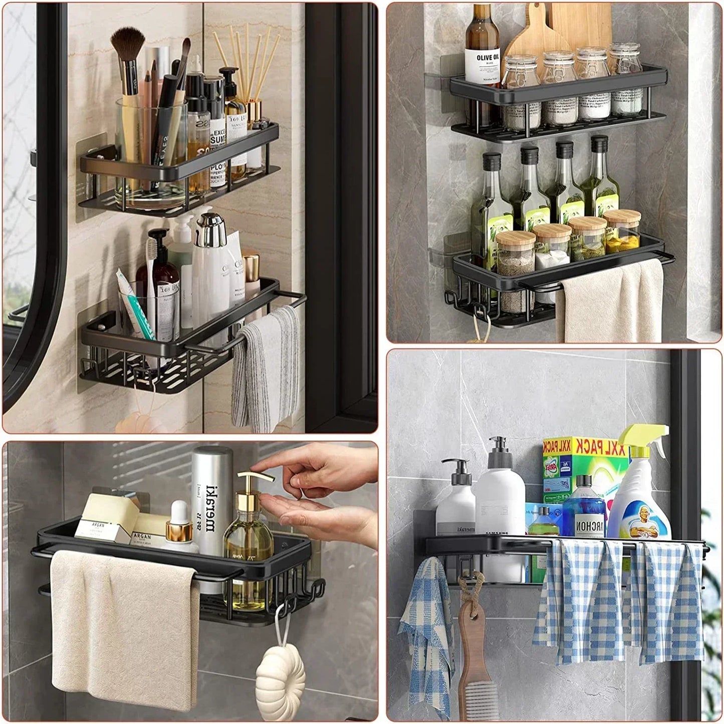 Aluminum Alloy Bathroom & Kitchen Shelf – No-Drill Shampoo & Storage Rack