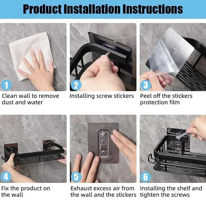 Aluminum Alloy Bathroom & Kitchen Shelf – No-Drill Shampoo & Storage Rack