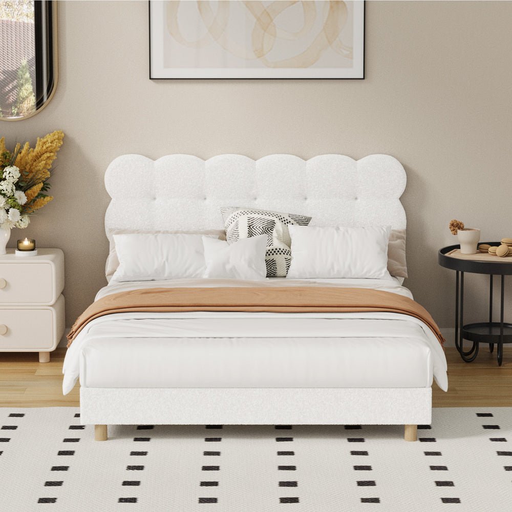 Double Bed Frame with White Boucle Fabric Tufted Bedhead - Buy Online at Bargain Bay Australia