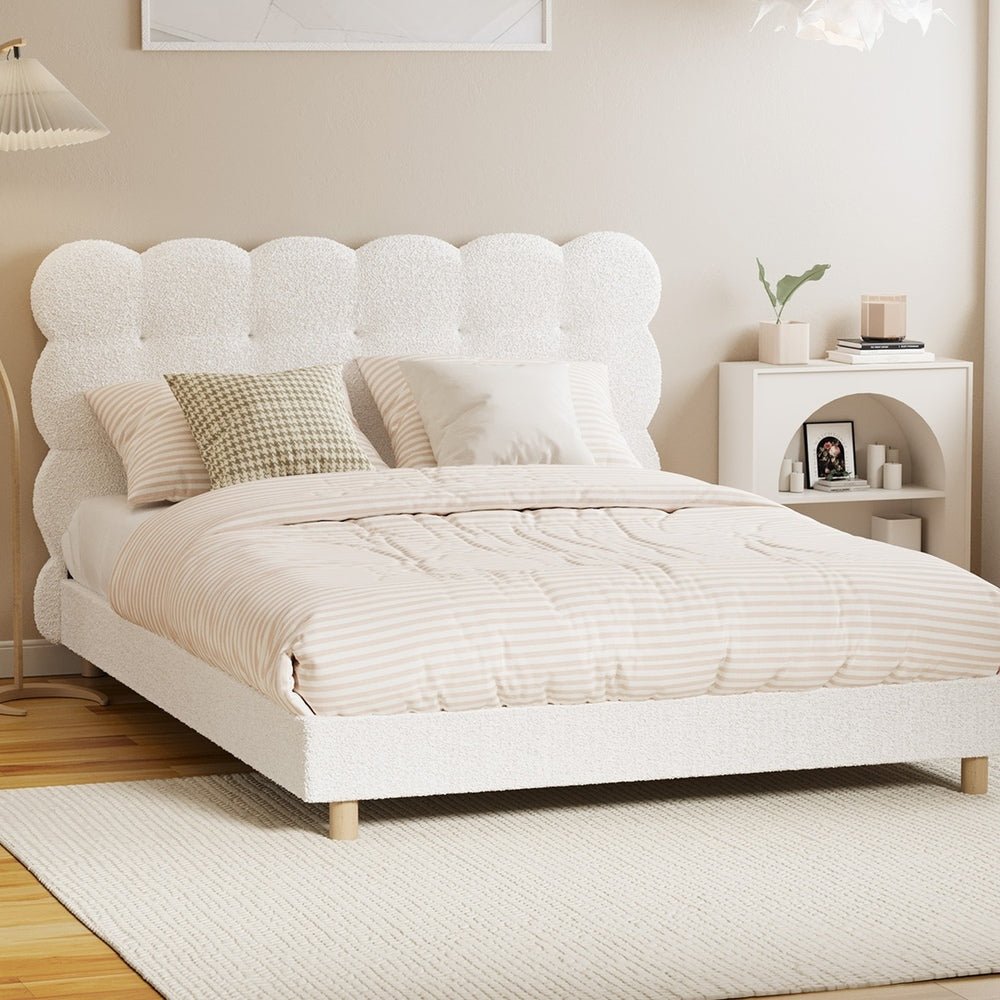 Double Bed Frame with White Boucle Fabric Tufted Bedhead - Buy Online at Bargain Bay Australia