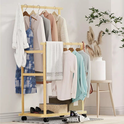 Double - Rail Bamboo Clothes Rack High Low Hanging Rod Organizer - Buy Online at Bargain Bay Australia