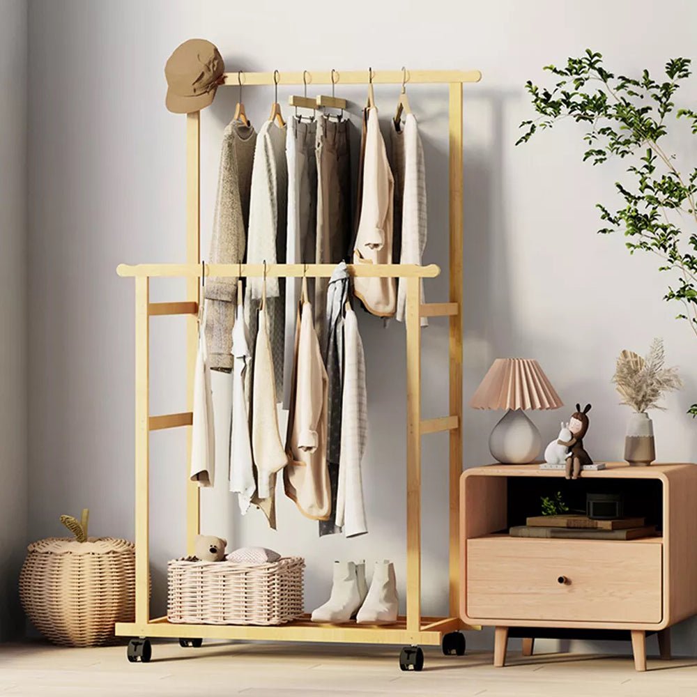 Double - Rail Bamboo Clothes Rack High Low Hanging Rod Organizer - Buy Online at Bargain Bay Australia