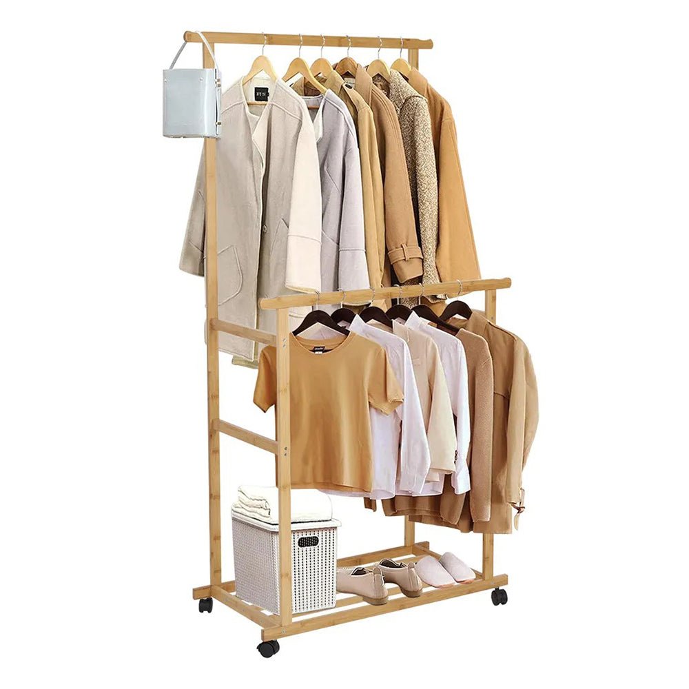 Double - Rail Bamboo Clothes Rack High Low Hanging Rod Organizer - Buy Online at Bargain Bay Australia