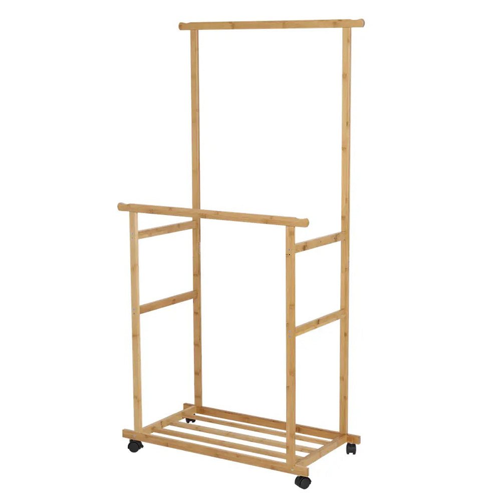 Double - Rail Bamboo Clothes Rack High Low Hanging Rod Organizer - Buy Online at Bargain Bay Australia