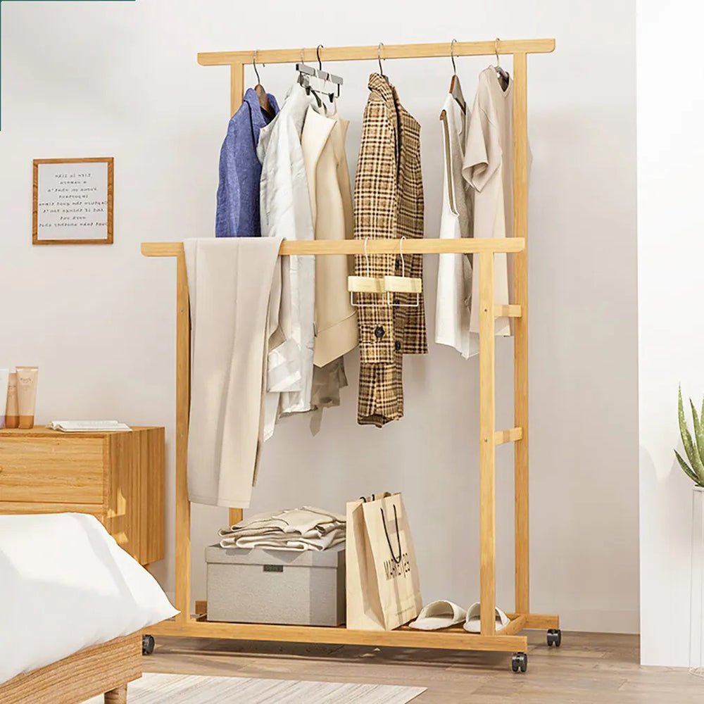 Double - Rail Bamboo Clothes Rack High Low Hanging Rod Organizer - Buy Online at Bargain Bay Australia